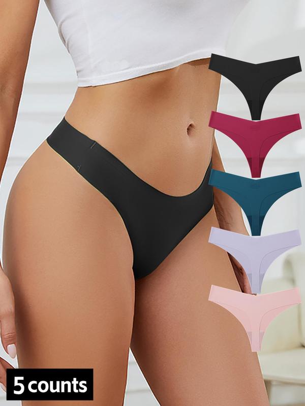 Women's Solid Drop Waist Thong, Breathable Comfy Seamless Panty for Daily Wear, Ladies Underwear for All Seasons