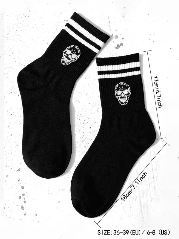 Women's 1 Pair Skull & Striped Pattern Crew Socks, Sporty Casual Mid-calf Socks, Ribbed Knit Socks for Women, Women's Socks & Hosiery