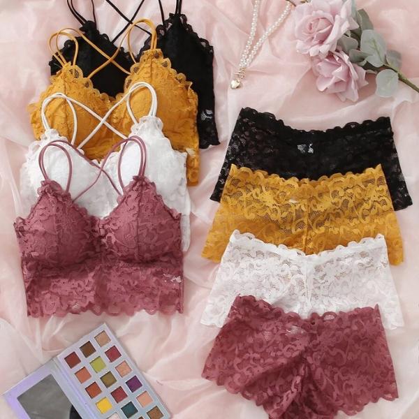 Floral Lace Criss Cross Lingerie Set for Women - 4 Pack Bra & Short Panties in 4 Colors - Comfort, Womenswear