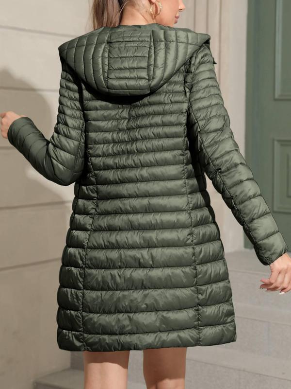  Solid Button Front Pocket Quilted Hooded Jacket, Casual Long Sleeve Zip Up Outerwear for Fall & Winter, Winter Clothes Women for Daily Wear