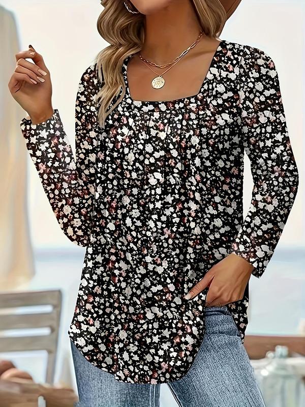  All Over Print Plicated Square Neck Tee, Casual Long Sleeve T-shirt for Spring & Fall, Women's Clothing for Daily Wear