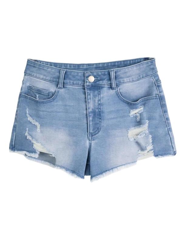 Women's Ripped Slash Pockets Vintage Denim Shorts, Womenswear Casual Trendy Raw Hem Jean Shorts for Daily Wear, Ladies Fall Jorts Bottoms, Stretchy Jeans, Jeans for Women, Pants for Women, Jeans