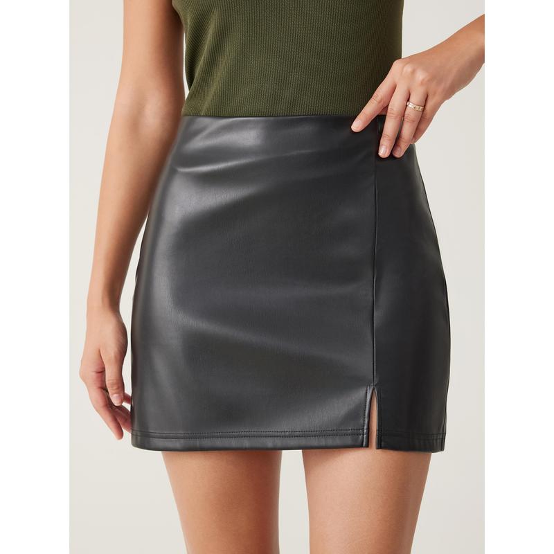 Cider [3 colors, size 2-10] Faux Leather Solid Split Mini Skirt