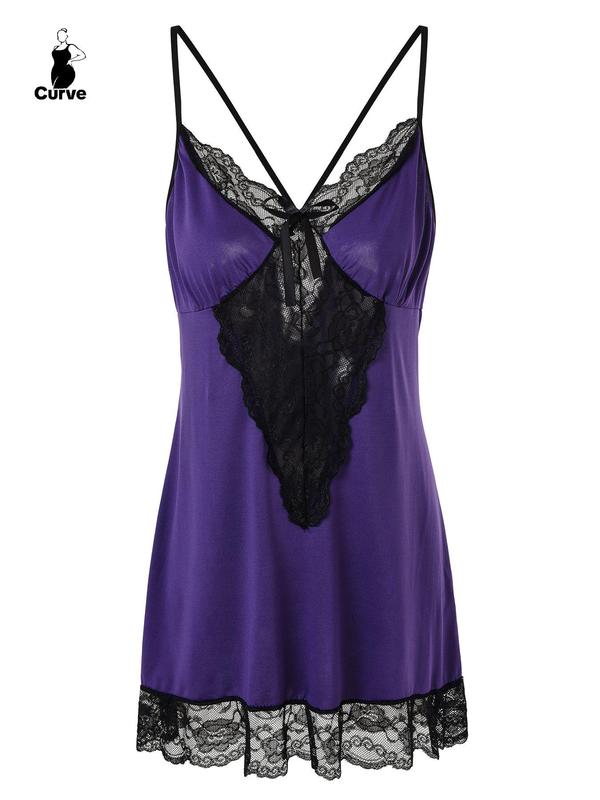 @ShopwithJulie Collection Women's Contrast Lace Criss Cross Cami Nightdress, Elegant Bow Decor Sheer Nightgown, Plus Size Homewear for Indoor, Women's Summer Wear 2024