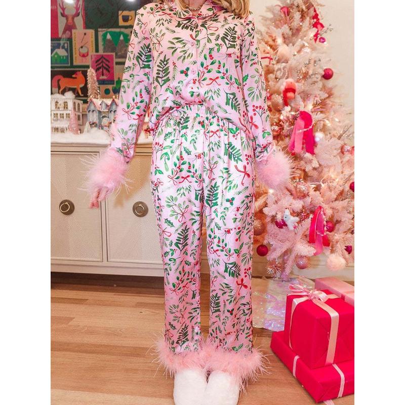 Joviecrown Silky Mommy and Me Christmas Pajamas Set Feather Trim Long Sleeve Button Down Matching Xmas Sleepwear for Mother Daughter family costume loungewear pjs loosewear Soft Womenswear Suits Comfort Comfy Print Clothing