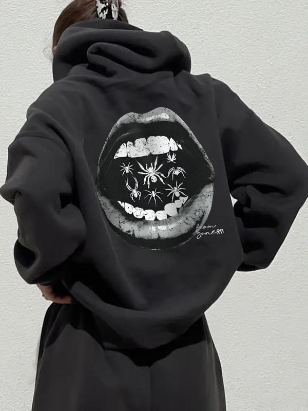 Women's Mouth & Spider Print Drawstring Pocket Hoodie, Casual Gothic Style Long Sleeve Hooded Sweatshirt for Fall & Winter, Women's Clothes for Daily Wear