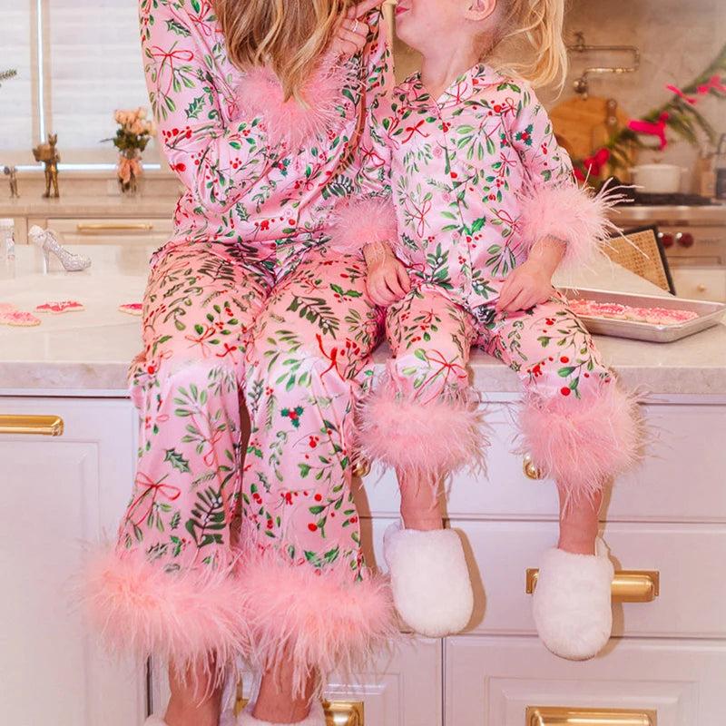 Joviecrown Silky Mommy and Me Christmas Pajamas Set Feather Trim Long Sleeve Button Down Matching Xmas Sleepwear for Mother Daughter family costume loungewear pjs loosewear Soft Womenswear Suits Comfort Comfy Print Clothing