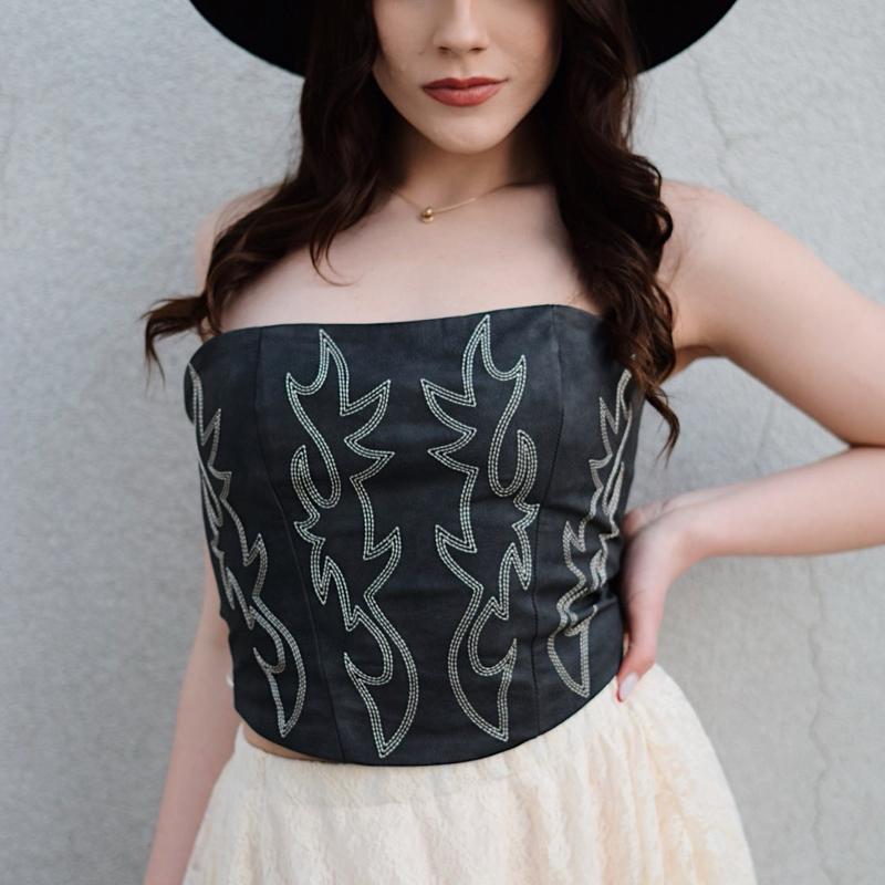 Vegan Leather Embroidered Western Corset Top