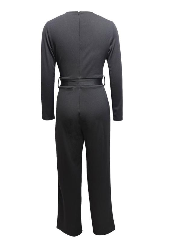 Women's Plain Wrap Straight Leg Jumpsuit, Trendy Belted V Neck Jumpsuit for Summer, Chic One-piece Outfits for Lady Spring & Fall Work Office Wear