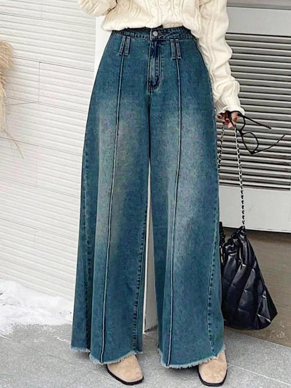 Women's Denim-effect Print Raw Hem Button Zipper Fly Straight Leg Pants, Casual Comfy Loose Natural Waist Trousers for Daily Wear, Ladies Bottoms for All Seasons, Pants for Women