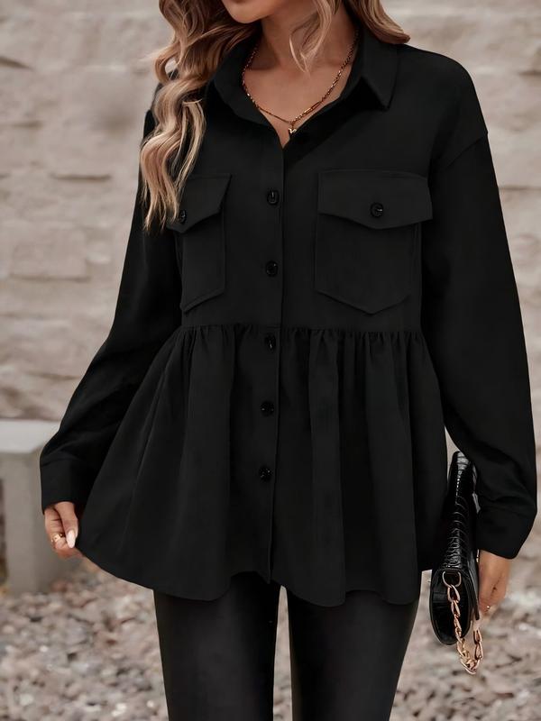 Plus Size Plain Flap Pocket Ruffle Hem Button Front Shirt, Casual Long Sleeve Collared Peplum Top for Fall & Winter, Fall Outfits, Women's Clothes for Daily Wear, Fall Womenswear Longsleeves