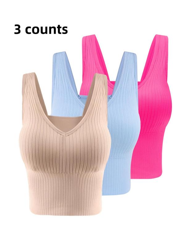 Women's Solid Backless Bra with Removable Chest Pad, Casual Rib Wireless Lingerie for Daily Wear, Summer Wear 2024, Softness Lingerie for All Seasons