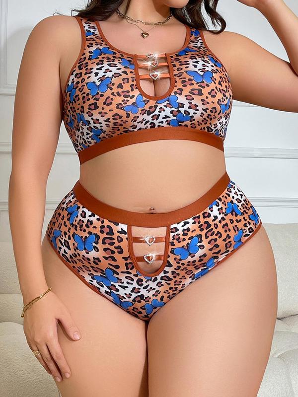  Women's Two-piece Set Leopard & Butterfly Print Rhinestone Decor Wireless Bra & High Waist Panty Set, Casual Contrast Binding Cut Out Bra & High Rise Knicker, Women's Underwear Set for All Seasons