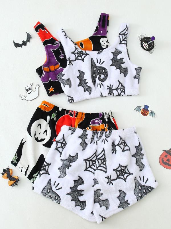 4 Counts 2 Set Women's Glow in The Dark Crop Tank Top & Elastic Waist Shorts Fluffy Pajamas Set, Casual Comfortable Halloween Print Loungewear Set for Women, Comfy Loungewear Set for Women, Women's Pajamas Set, Women's Sleepwear for Fall, Fluffy Pajamas