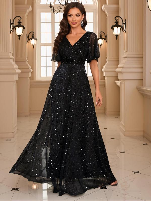 Vintage Women's Glitter Butterfly Sleeve Wrap V Neck Evening Dress, Elegant Formal Wear, Short Sleeve A Line Maxi Dress for Party Banquet Prom, Ladies's Clothes for All Seasons