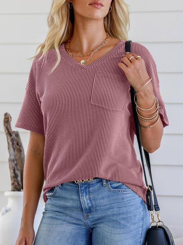 Women's Plain Textured Pocket V Neck Tee, Casual Drop Shoulder Half Sleeve T-Shirt for Fall, Ladies Clothes for Daily Wear