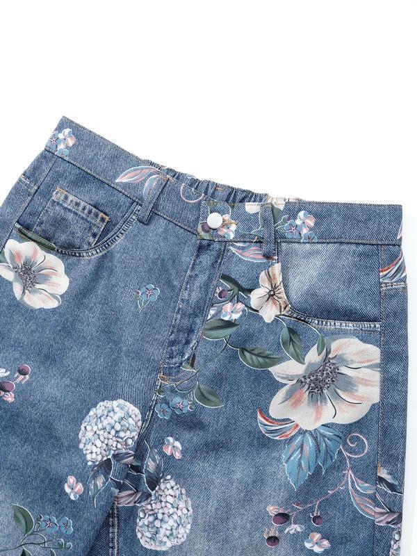 Unisex's Floral & Denim-effect Print Pocket Elastic Waist Straight Leg Pants, Street Fashion Casual Button Fly Trousers for Daily Wear, Unisex Bottoms for All Seasons