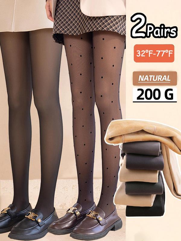 Women's Plain & Heart Polka Dot Print Thermal Lined Tights, Casual Comfy Warm Pantyhose for Fall & Winter, Women's Tights for Daily Wear