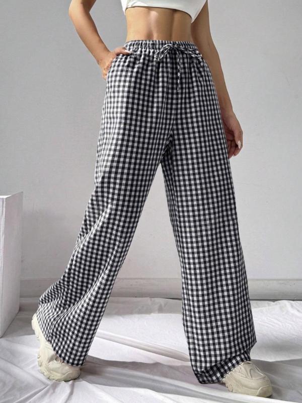 Women's Plaid Print Tie Front Wide Leg Pants, Casual Comfy Elastic Waist Pocket Trousers for Daily Wear, Ladies Bottoms for All Seasons,  Comfy Pants