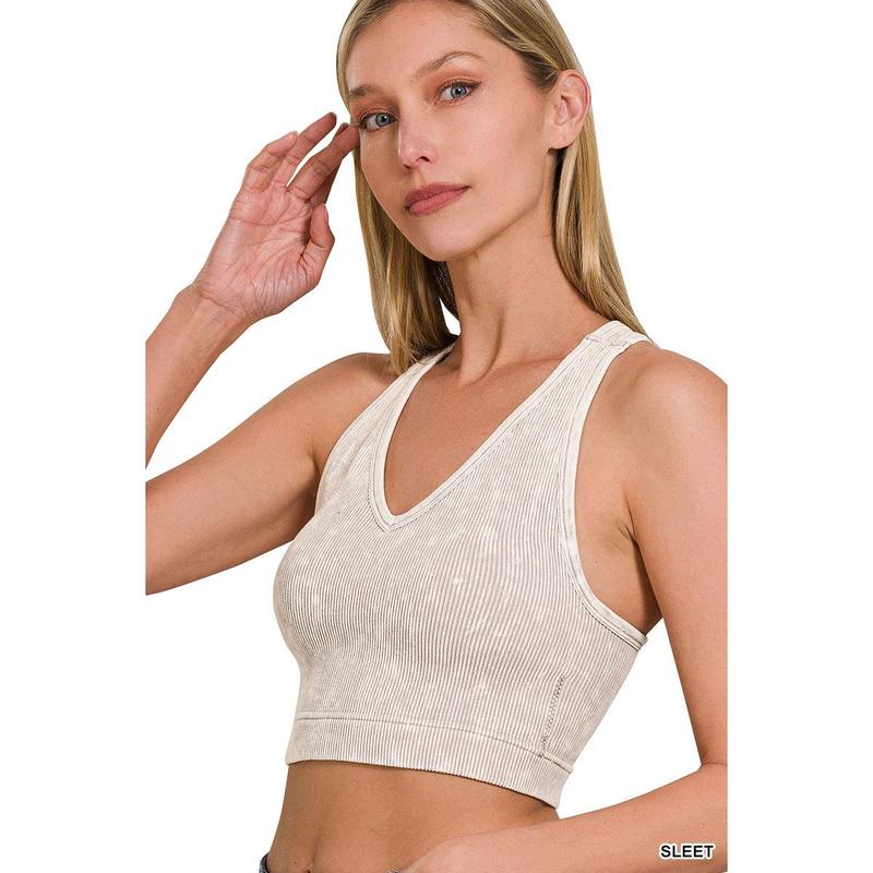 Ribbed Cropped Racerback Mineral Washed Tank Top Brami bralette with Removeable Pads by Zenana Style# 6144 Comfy Fabric