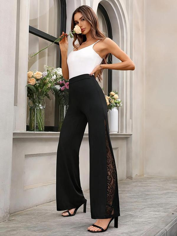 Women's Contrast Lace Sheer Wide Leg Pants, Elegant High Waist Elastic Waist Trousers for Party Holiday Vacation, Ladies Bottoms for All Seasons