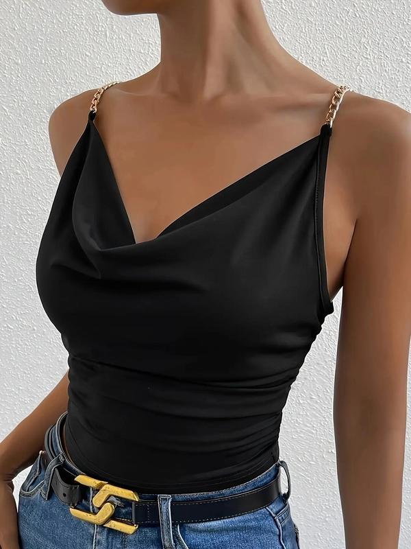 Women's Plain Cowl Neck Crop Cami Top, Elegant Chain Detail Ruched Top for Summer, Ladies Clothes for Daily Wear