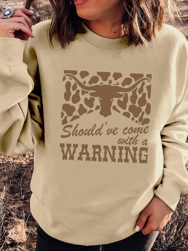 Women's Letter & Cow Head Print Drop Shoulder Sweatshirt, Casual Long Sleeve Round Neck Pullover for Fall & Winter, Women's Clothes for Daily Wear