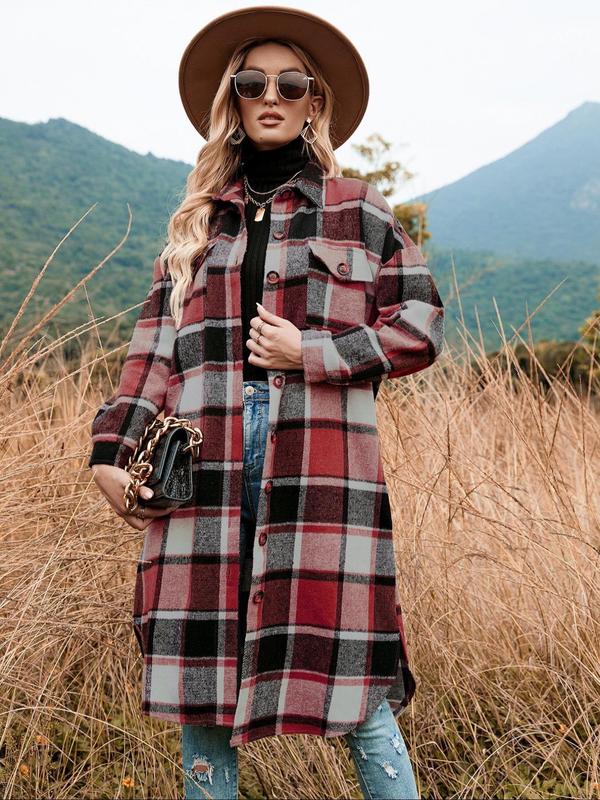 Women's Plaid Print Button Front Split Side Coat, Casual Comfy Long Sleeve Collared Outerwear for Fall & Winter, Ladies Clothes for Daily Wear