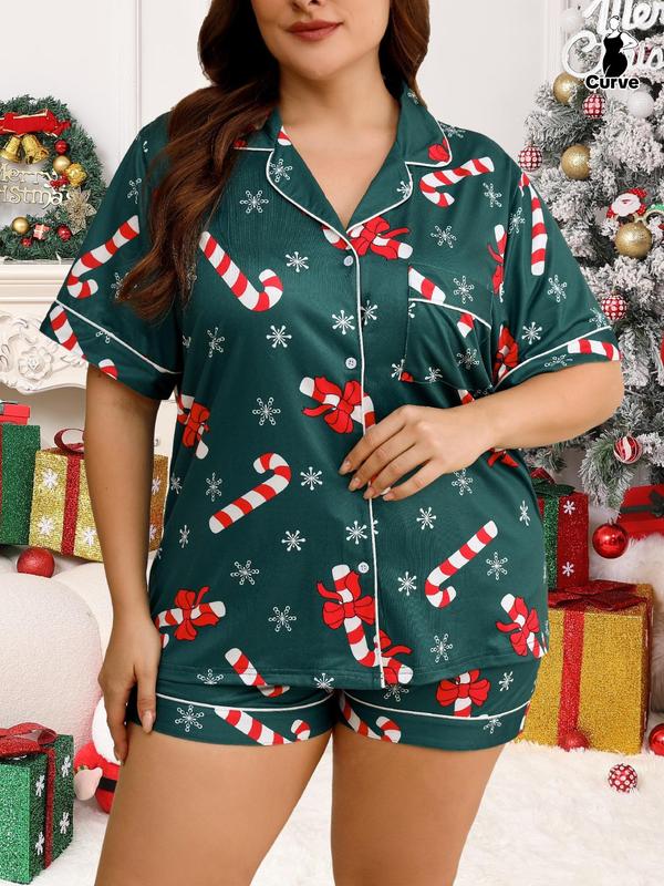  Two-Piece Set Christmas Candy Cane Print Lapel Neck Pajama, Casual Comfy Half Sleeve Pocket Shirt & Shorts Set, Women's Sleepwear for All Seasons