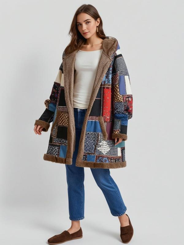  Patchwork Print Pocket Thermal Lined Hooded Coat, Casual Jackets, Long Sleeve Open Front Outerwear for Fall & Winter, Women's Clothes for Daily Wear