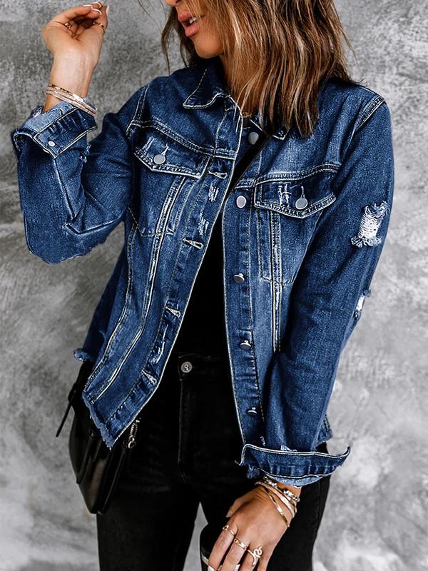 Women's Plain Button Front Raw Hem Denim Jacket, Casual Long Sleeve Collared Pocket Outerwear for Daily Wear, Ladies Tops Clothes for All Seasons