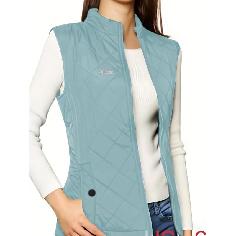 Quilted Puffy Vest for Fall & Winter, Zip-up Sleeveless Lapel Patch Vest with Pockets, Women's Casual Clothing