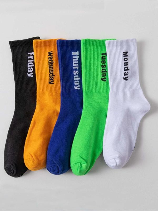 Women's 5 Pairs Letter Print Mid-calf Socks, Athletic Running Socks, Soft Comfort Breathable Socks for Women, Mixed Color Mid Tube Socks, Multipack Ribbed Knit Crew Socks, Women's Socks & Hosiery