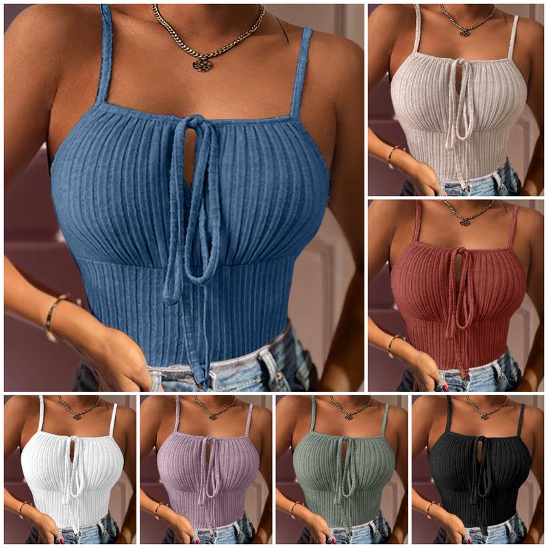 Chicme Tied Detail Ribbed Cami Top align tank croptopswomenlatina Fit Sleeve Spaghetti Spaghetti Strap