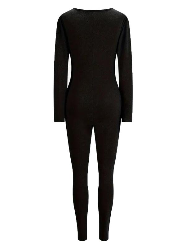 Women's Solid Zip Up Jumpsuit, Casual Tight-fit Long Sleeve Round Neck Jumpsuit for Daily Wear, Ladies Clothes for Fall, Black Girl Outfits, Fall Outfit 2024