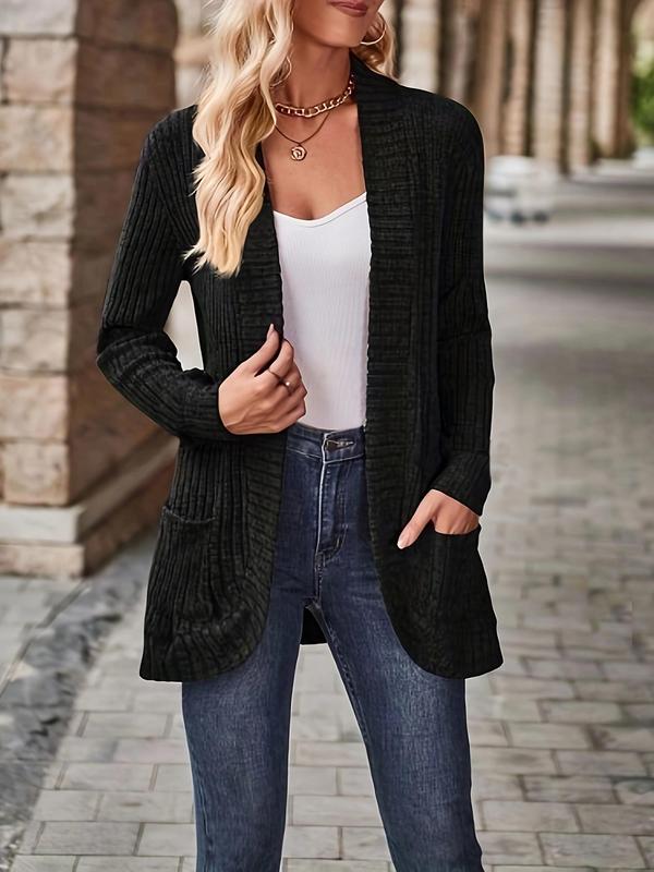  Solid Pocket Open Front Cardigan, Cardigan for Women, Casual Long Sleeve Ribbed Cardigan for Fall & Winter, Women's Plus Clothing for Daily Wear