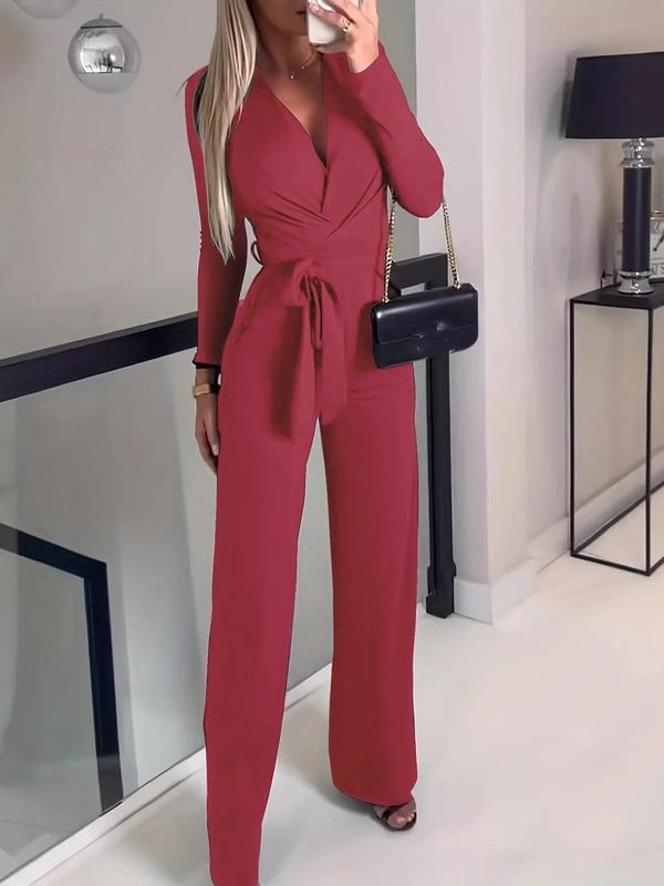 Women's Plain Wrap Straight Leg Jumpsuit, Trendy Belted V Neck Jumpsuit for Summer, Chic One-piece Outfits for Lady Spring & Fall Work Office Wear