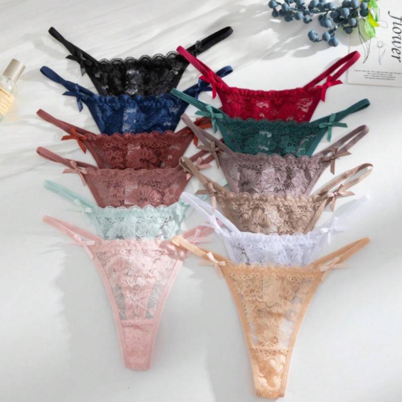 12pcs Pack Romantic Lace Sexy Thong Panties For Women, Assorted Colors Lingerie