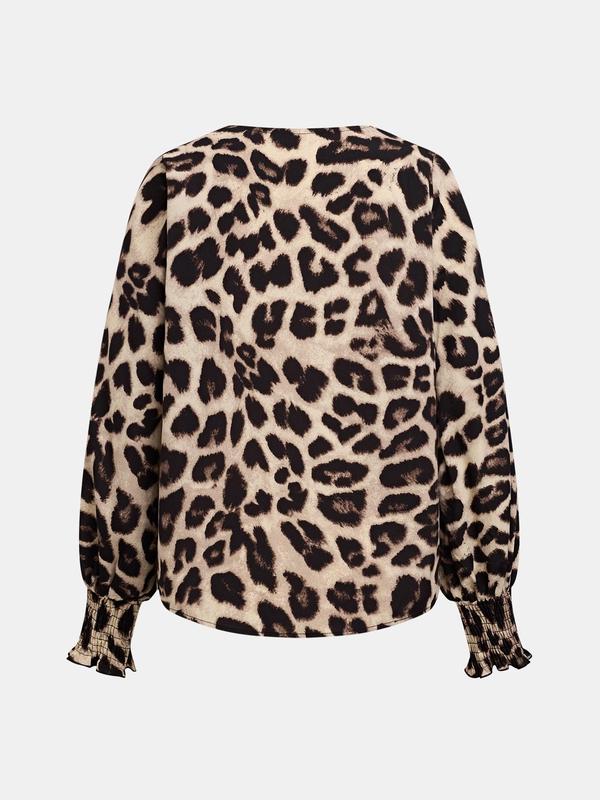 YOZY Women's Leopard Print Shirred Bishop Sleeve Blouse, Casual Long Sleeve V Neck Top for Daily Wear, Ladies Clothes for All Seasons