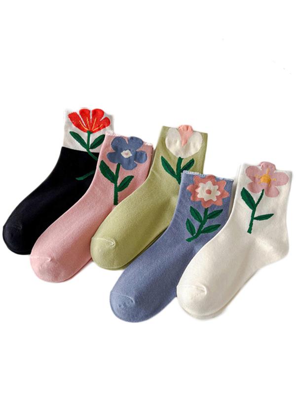 Women's 5 Pairs Floral Print Crew Socks, Fashion Casual Comfy Socks for Daily Outdoor Wear, Ladies Socks for All Seasons