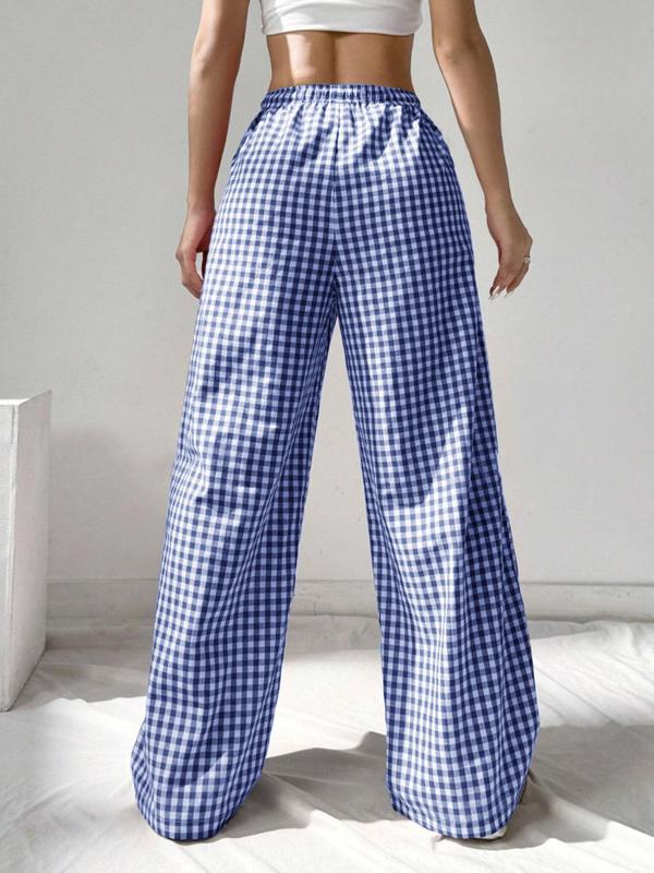 Women's Plaid Print Tie Front Wide Leg Pants, Casual Comfy Elastic Waist Pocket Trousers for Daily Wear, Ladies Bottoms for All Seasons,  Comfy Pants