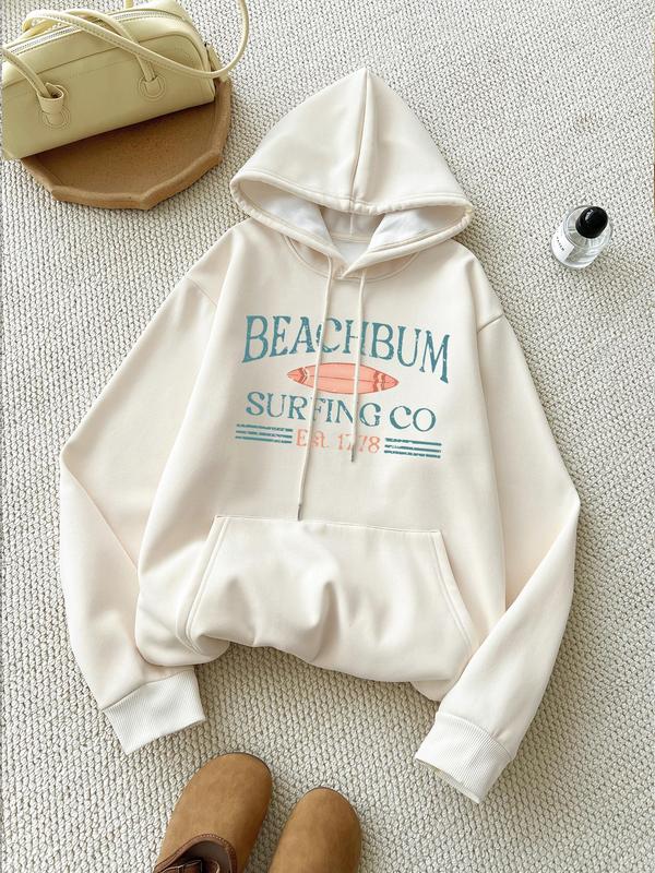 Women's Letter Print Drop Shoulder Drawstring Hoodie, Fashion Casual Kangaroo Pocket Hooded Sweatshirt for Daily Holiday Outdoor Wear, Women Clothes for Fall & Winter