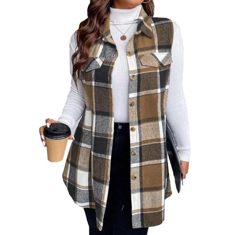 Autumn and Winter New Women's Clothing Fashion Plaid Sleeveless Lapel Side Pocket Shirt Vest Womenswear Tops