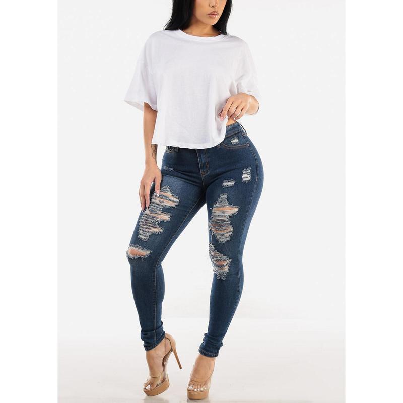 Distressed Mid Rise Stretchy Skinny Jeans Med Wash