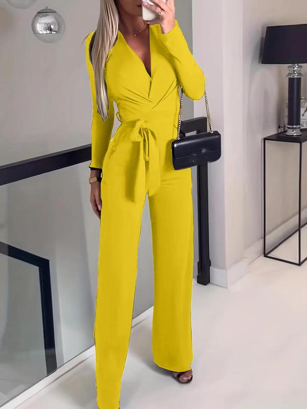 Women's Plain Wrap Straight Leg Jumpsuit, Trendy Belted V Neck Jumpsuit for Summer, Chic One-piece Outfits for Lady Spring & Fall Work Office Wear