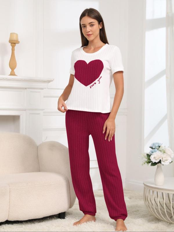 Two-Piece Set Women's Heart Print Tee & Pants Pyjama, Casual Comfy Round Neck Short Sleeve T-shirt & Trousers PJ Set, Ladies Sleepwear for All Seasons