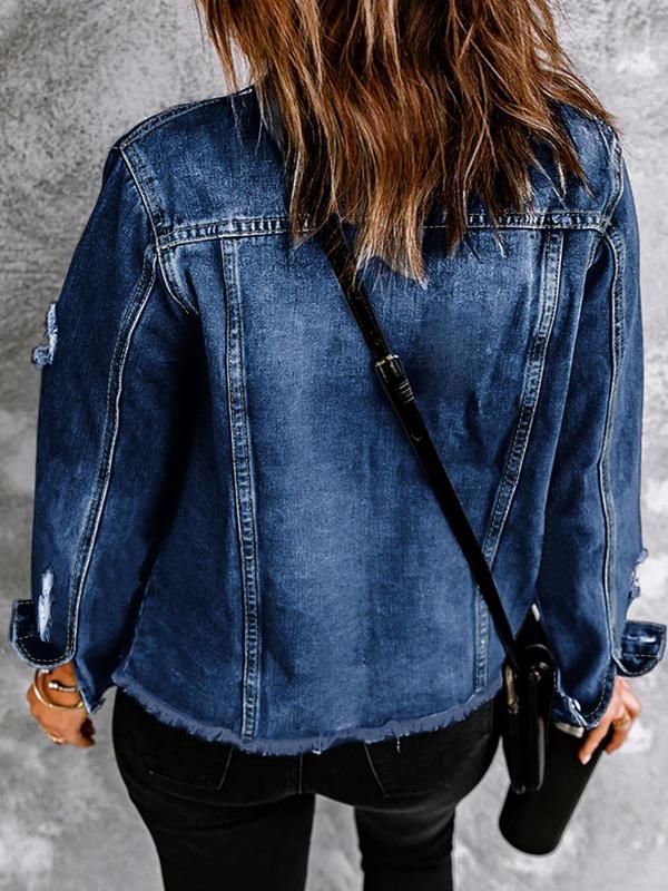 Women's Plain Button Front Raw Hem Denim Jacket, Casual Long Sleeve Collared Pocket Outerwear for Daily Wear, Ladies Tops Clothes for All Seasons