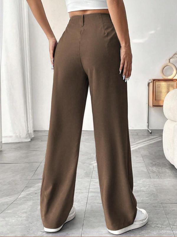 Women's Solid Plicated Pocket Straight Leg Pants, Casual Comfy Trousers for Daily Wear, Ladies Bottoms for Fall & Winter