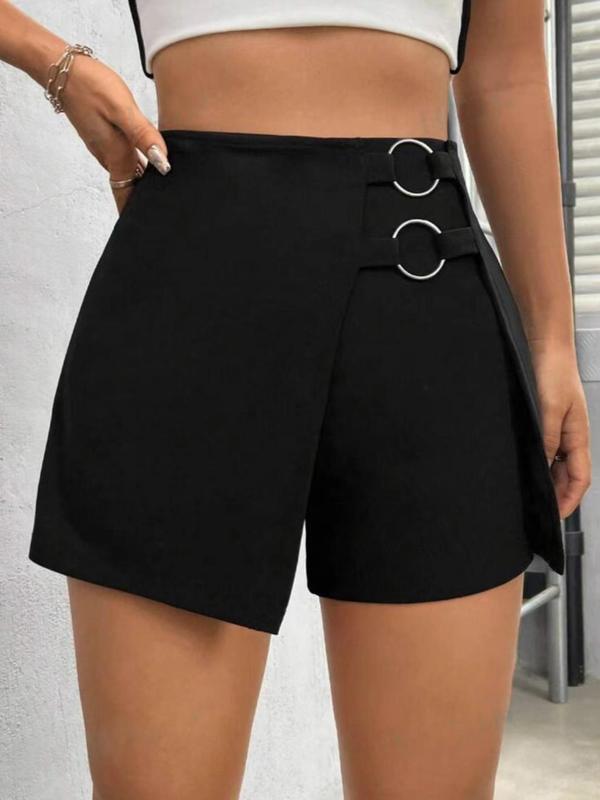 Women's Plain Asymmetrical Ring Linked Wrap High Waist Skort, Casual Comfy High Rise Shorts for Daily Wear, Ladies Bottoms for Summer