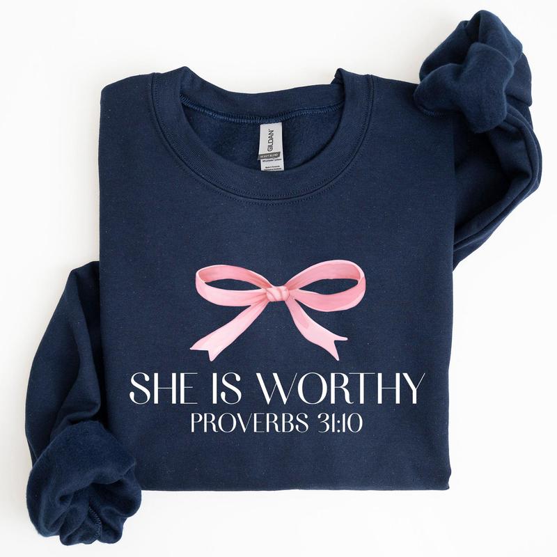 She Is Worthy, Bible Verse, Christmas, Bow, Pink, Proverbs, Soft Girl Era Sweatshirt, Women's Crew Neck, Crewneck